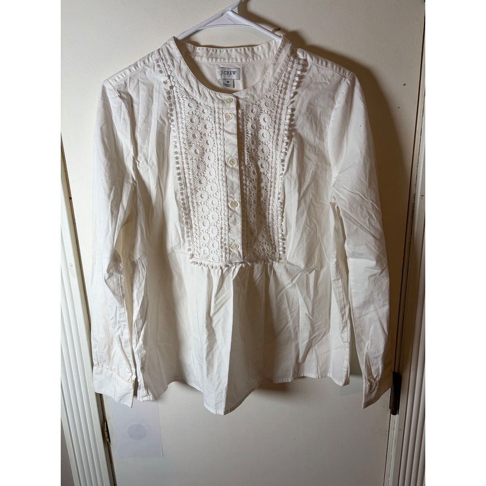 J.Crew White Eyelet Lace Bib Band Collar Button Front Blouse Top Womens Medium